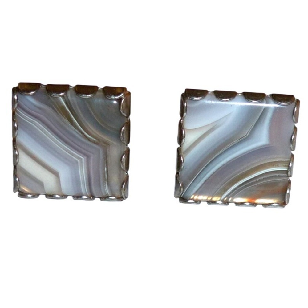 Vintage Swank Signed Banded Agate Square Cufflinks Pat Pend‎ Mid Century